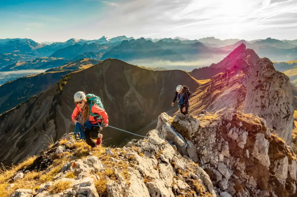 Climbers roped together on a mountain ridge